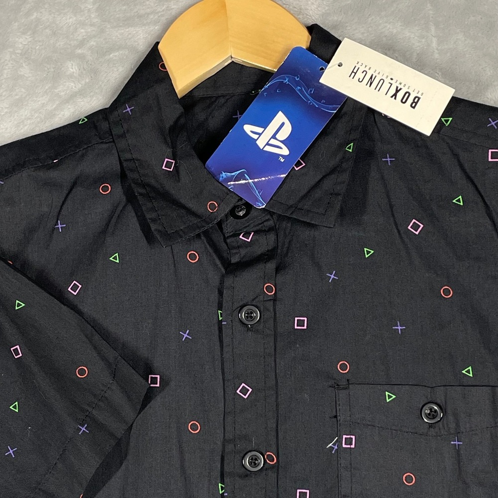PlayStation BoxLunch Symbols Toss Woven Black Short Sleeve Button Down Shirt XS
